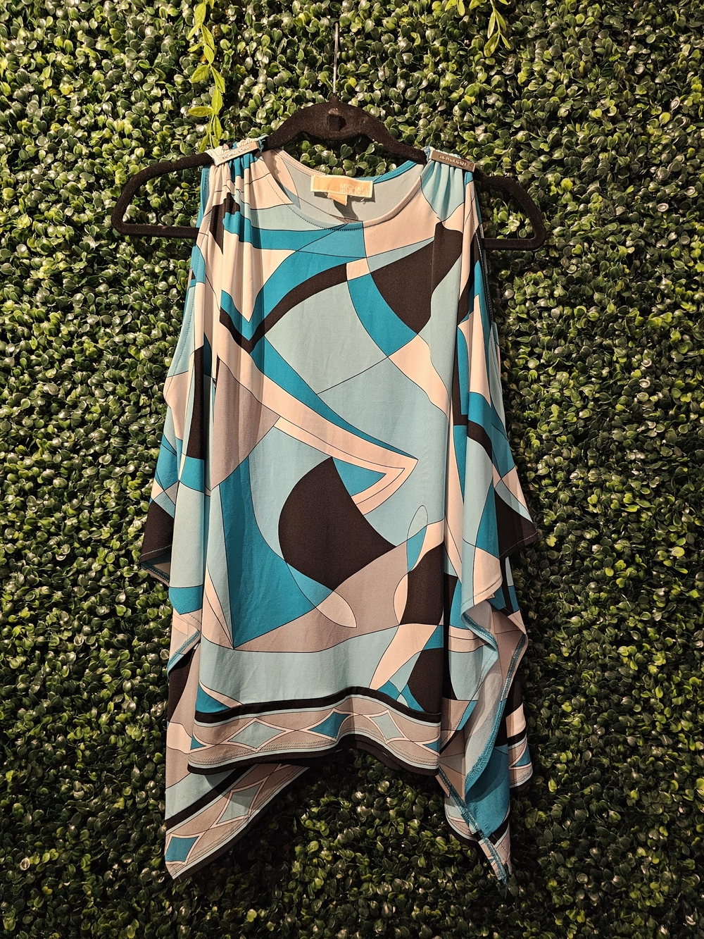 Michael Kors Asymmetrical Abstract Teal, Black & Cream Tunic Dress
